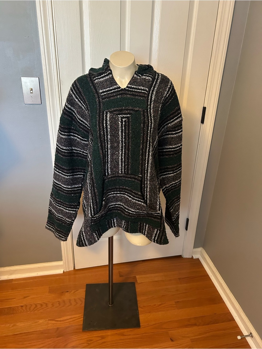 Striped Hooded Baja Pullover Sweater - Dark Green & Black